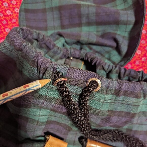 Vintage 90's Disney Mickey Mouse Plaid Tartan Backpack 90’s Leather Drawstring - Picture 4 of 11